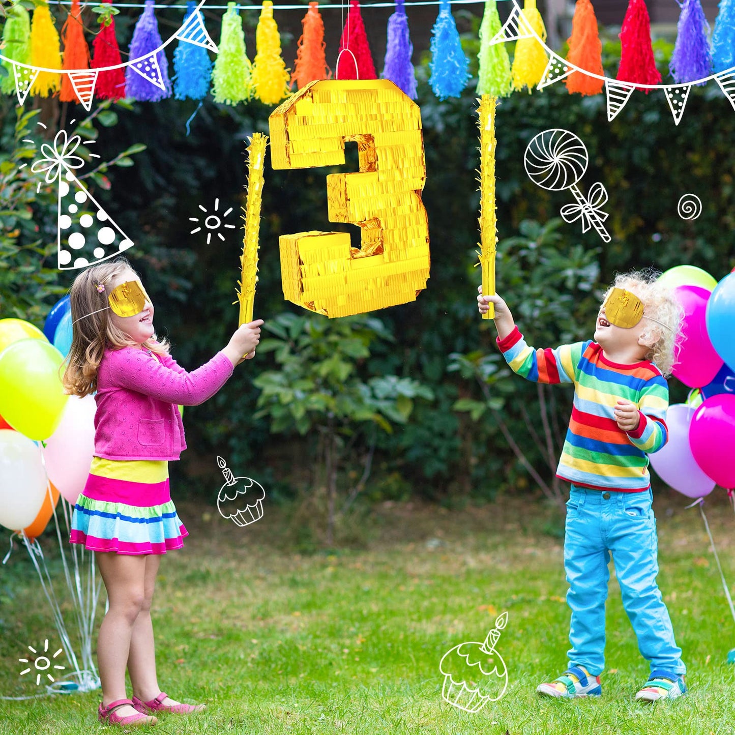 Sratte Number Piñata Birthday Piñata Decorations Gold Foil Piñata With Stick Blindfold Confetti For Boy Girl Birthday Party Decorations Anniversary Celebrations Fiesta Supplies(Number 3)