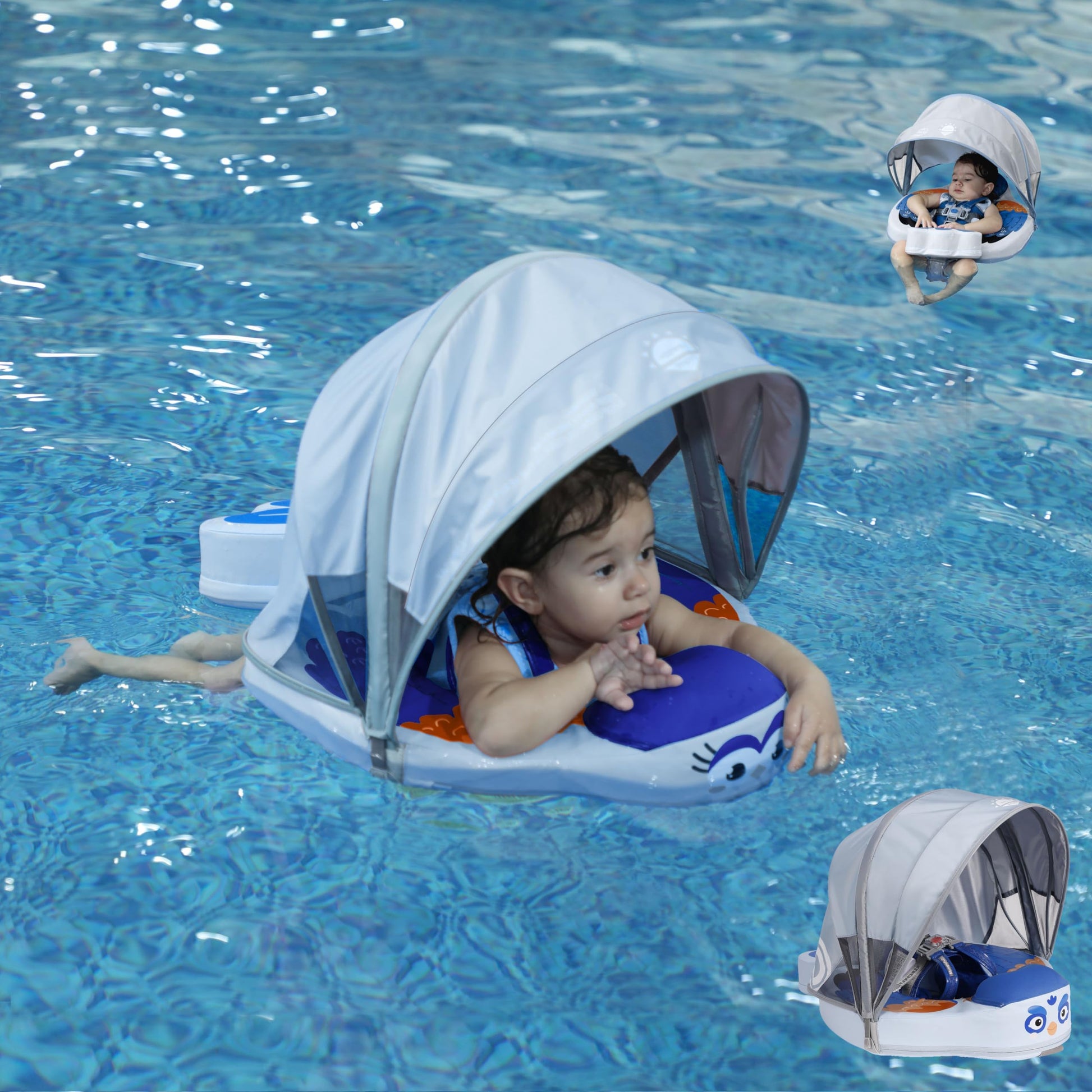 Luckclubtojoy Mambobaby Float with Canopy UPF 50+, Solid Non Inflatable Baby Pool Float with Tail, Infant Waist Swim Ring Swim T