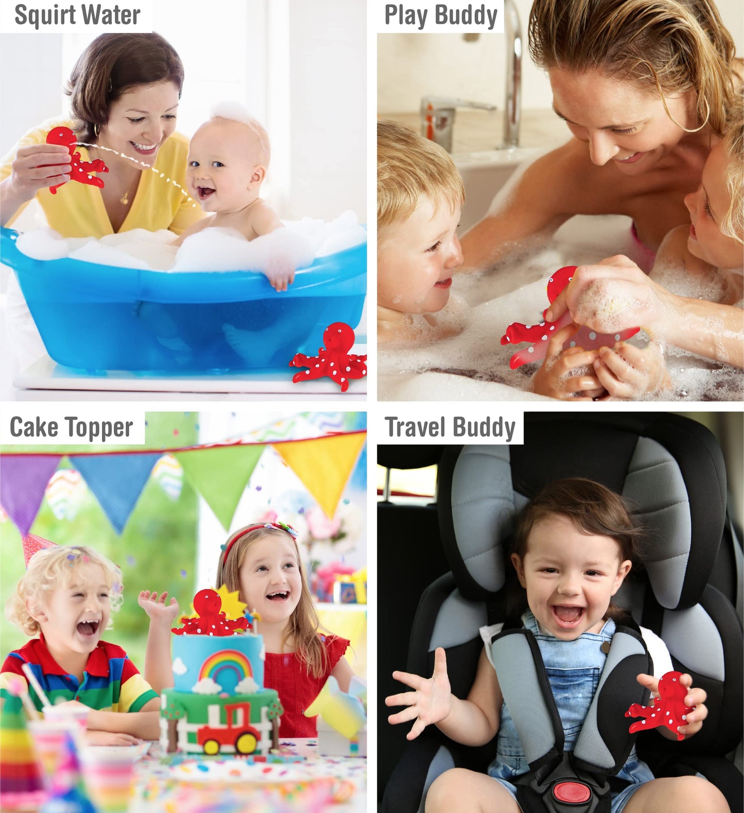 Dollibu Octopus Bath Buddy Squirter - Floating Red Octopus Rubber Bath Toy, Fun Water Squirting Bathtime Play For Toddlers, Cute