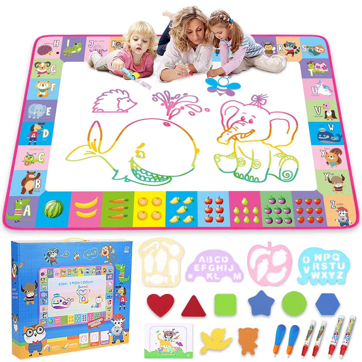 Water Doodle Mat - Kids Painting Writing Doodle Toy Board - Color Doodle Drawing Mat Bring Magic Pens Educational Toys For Age 3 4 5 6 7 8 9 10 11 12 Year Old Girls Boys Age Toddler Gift (Pink)