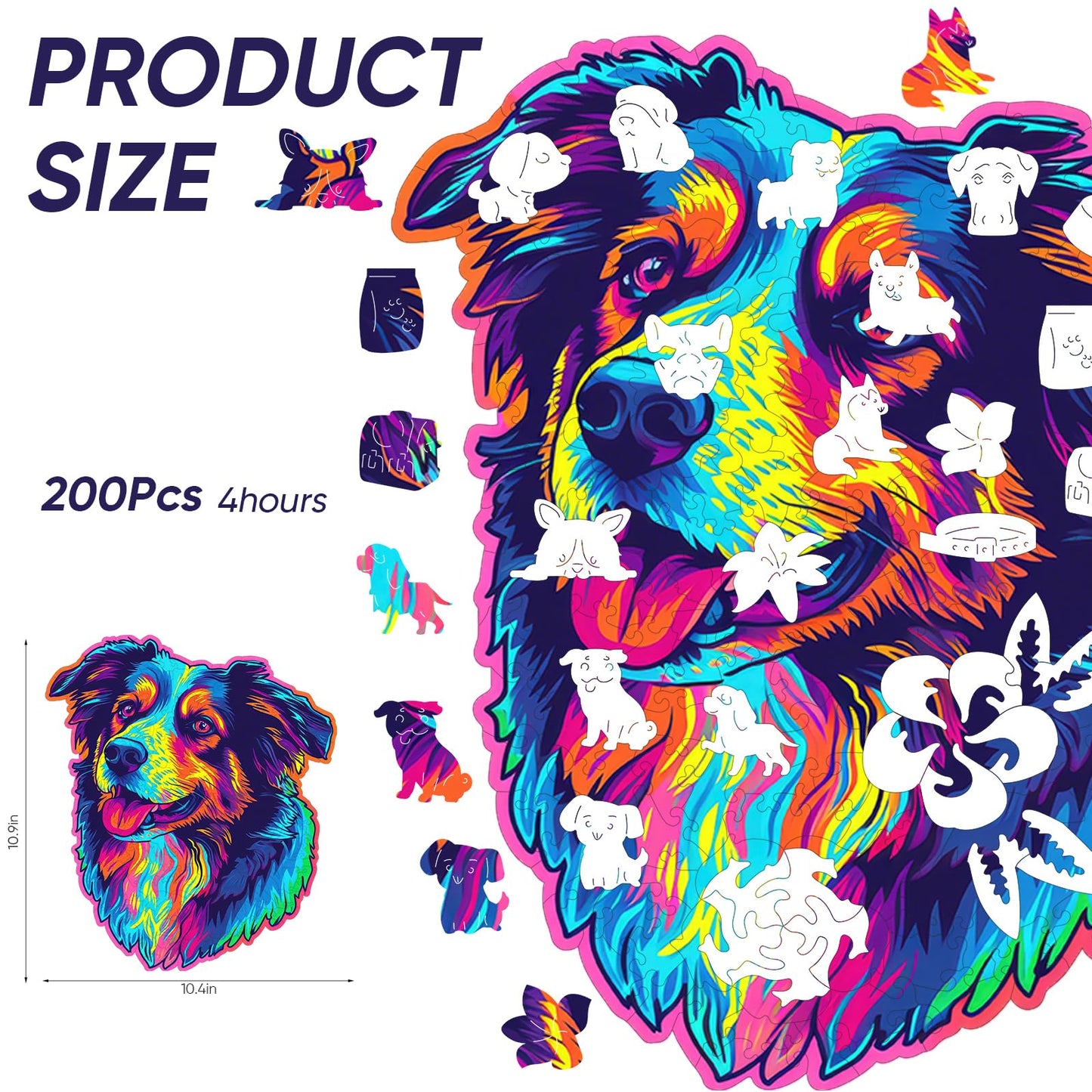 Australian Shepherd Dogs Wooden Puzzle Stained Colorful (9.7 * 11.2In-200Pcs) Art Painting Wooden Puzzle For Kids Adults, Birthd