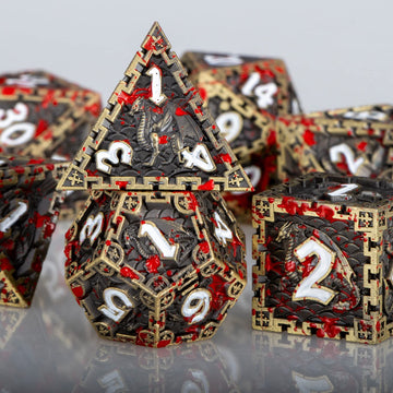 ARUOHHA Metal Blood D&D Dice Bronze Dragon Design DND Dice with Gift Box, D + D Large Polyhedral Dice for Dungeons and Dragons R