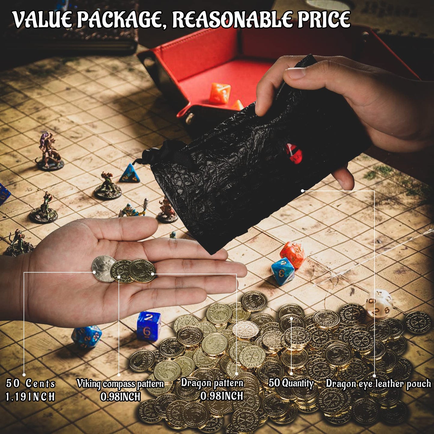 CZYY DND Fantasy Coins Set - 50 Antique Gold Metal Tokens with Leather Pouch for RPG, LARP, Board Games - Model CT17