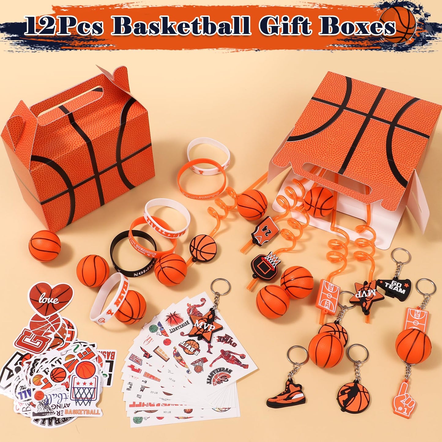 Winrayk 122Pcs Basketball Party Favors Birthday Supplies, Gift Bags Straws Stress Balls Tattoo Stickers Silicone Wristbands, Gif