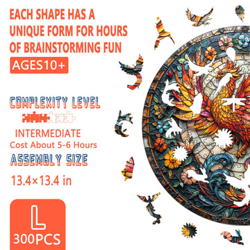Wooden Puzzles for mature-themeds Stained Glass Phoenix Wooden Jigsaw Puzzle for mature-themeds Flowers Wood Puzzles mature-themed Unique Animal Shape Gifts for Friends Family Home Decor (L-13.4 * 13.4 in -300 Pieces)