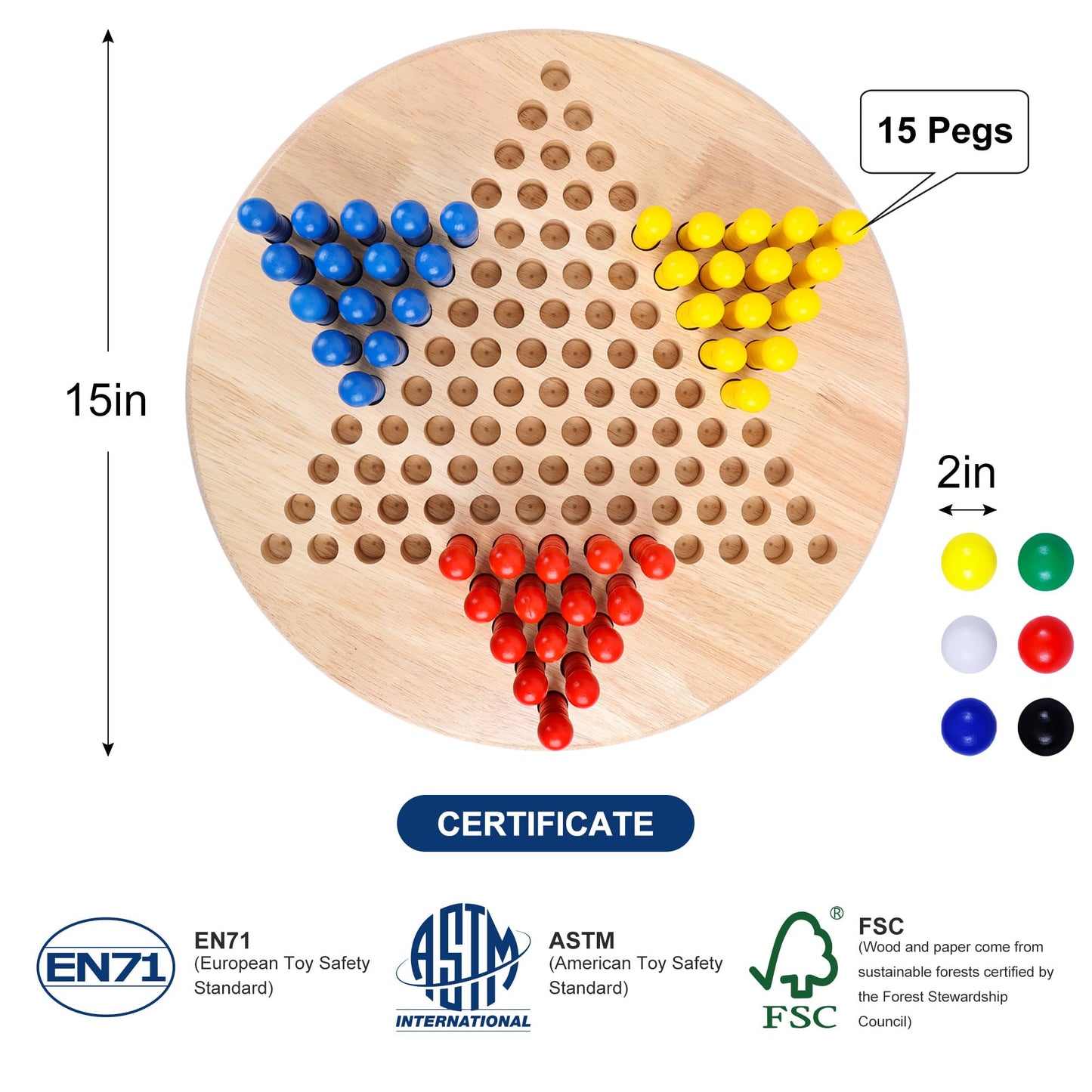 Offelec 15 Wooden Chinese Checkers Board Game – 75 Color Pegs, 2-6 Players, Classic Strategy Fun for Kids & Adults
