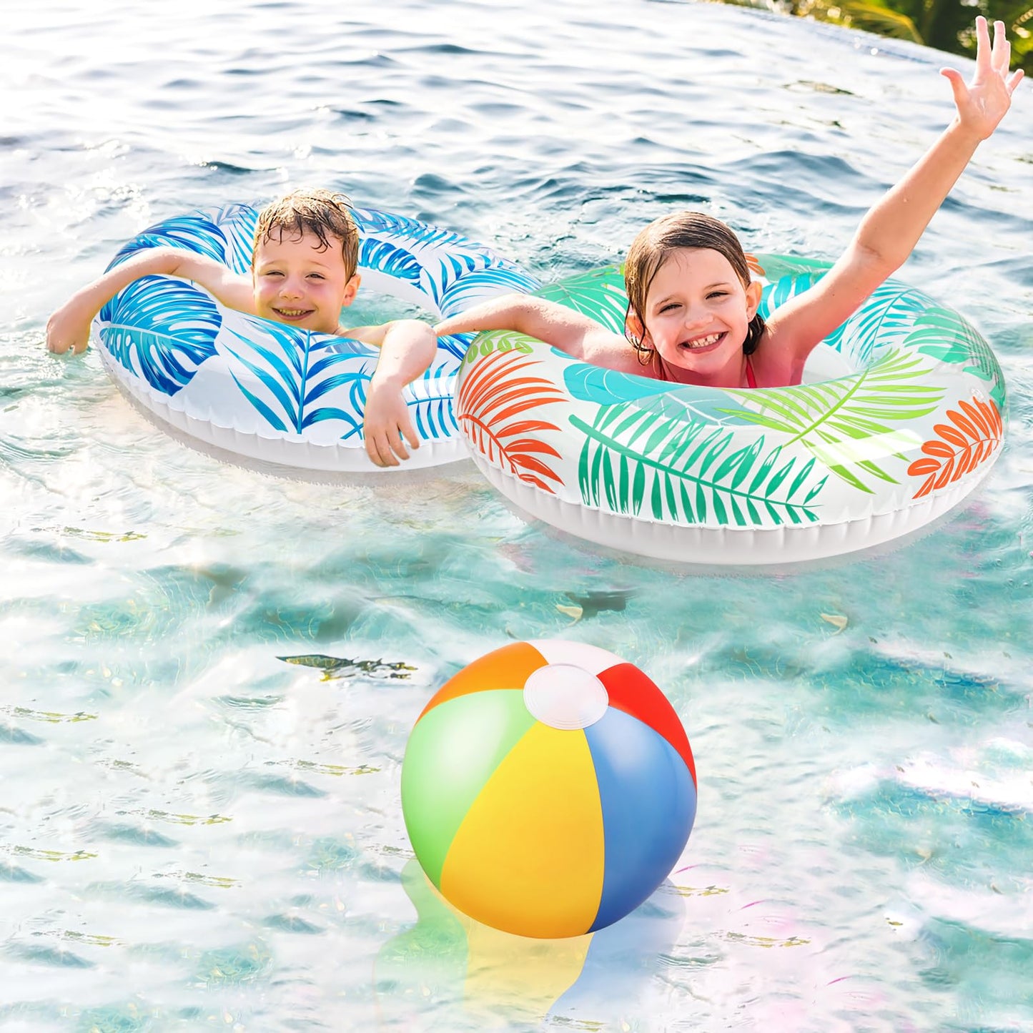 90Shine 7Pcs Luau Pool Floats: Hawaiian Swimming Rings With 13.5' Beach Balls - Inflatable Tubes Floaties Toys For Kids Adults