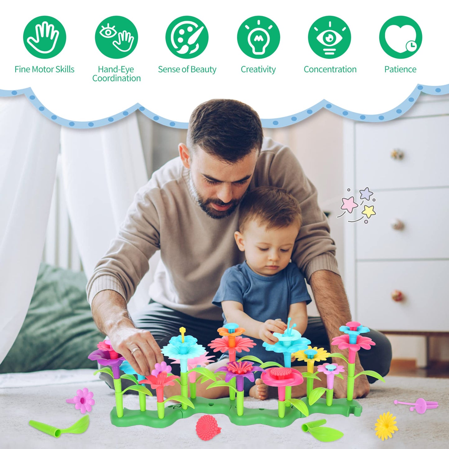 Flyingseeds 46 Pcs Flower Garden Building Toys For Girls, Stem Toy Gardening Pretend Play Set For Kids, Girls Favor Stacking Game For Toddlers, Preschooler Age 3 4 5 6 7 8 Year Old