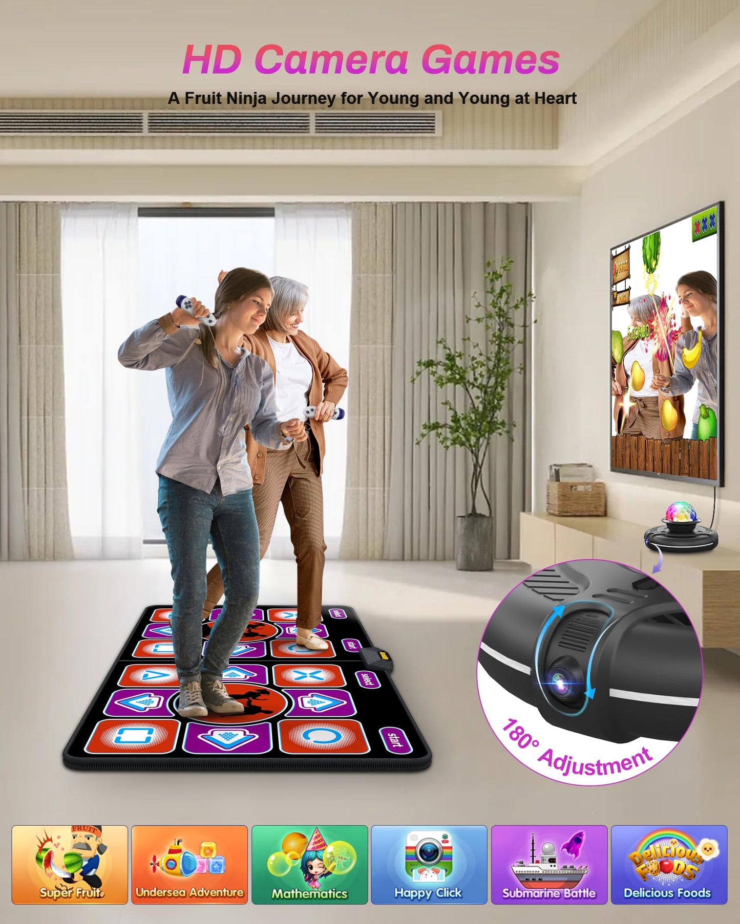 Acelufly Double Dance Mat, Flannel Dance Mat for TV with HD Camera, Dual User Play Mat with Wireless Controller, Non-Slip Dance