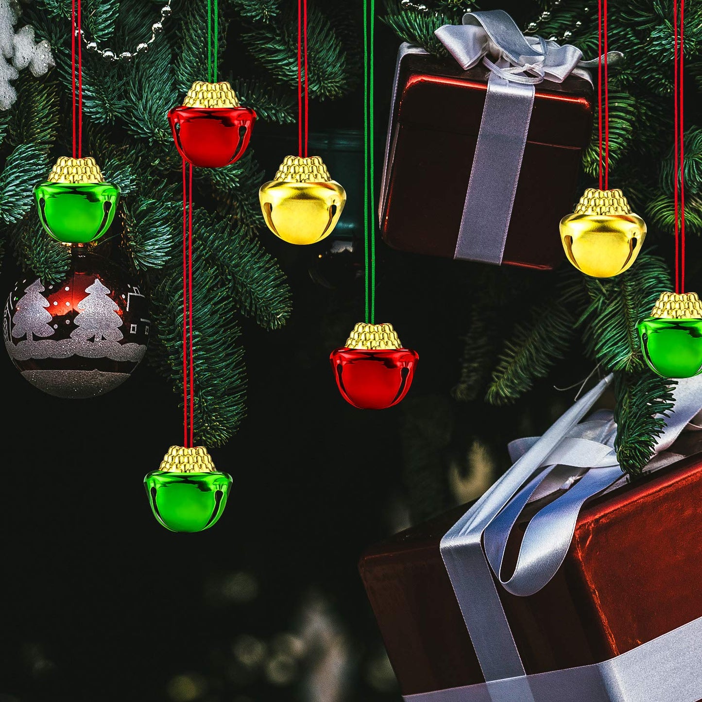 48 Pieces Christmas Bell Necklaces Christmas Holiday Necklaces Gold Red Green Xmas Jingle Bell Necklaces with Ribbons for Christ