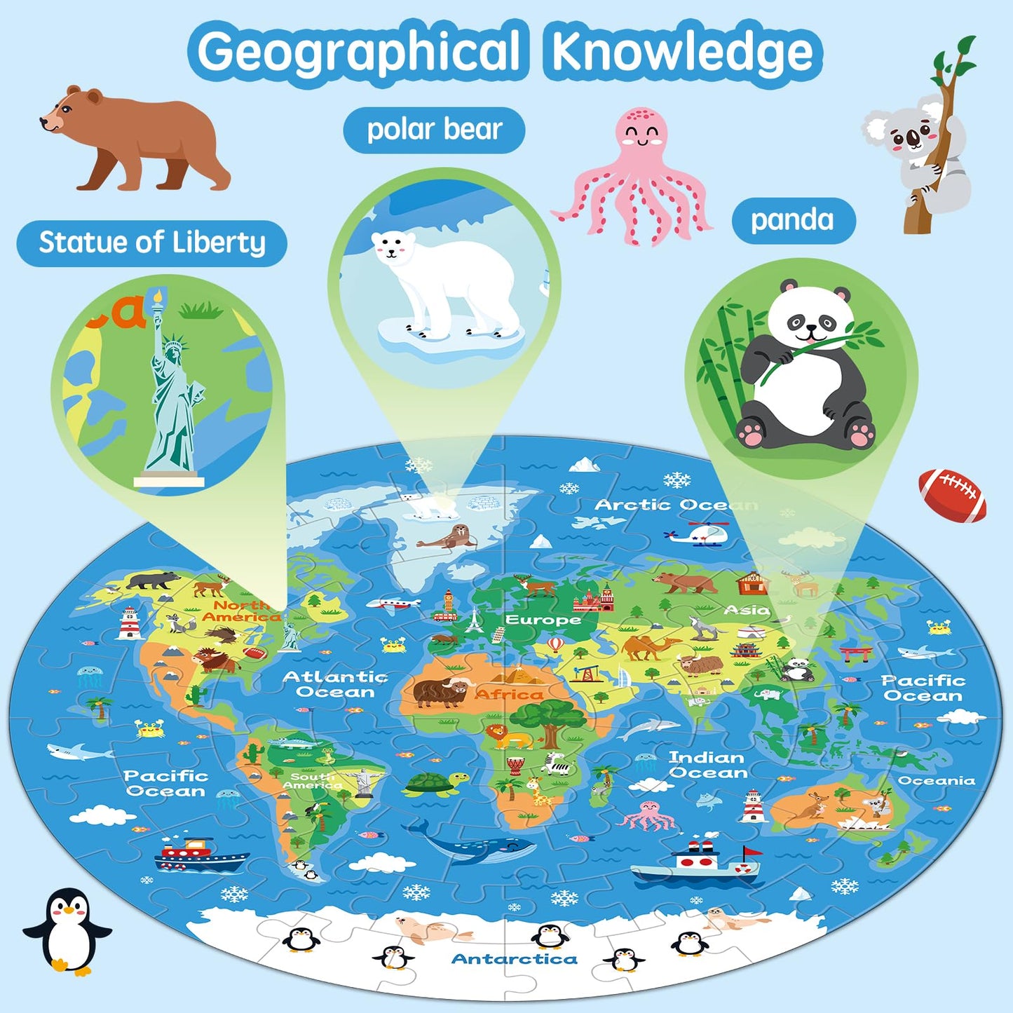 72 Piece World Map Jigsaw Puzzle For Kids 3-5, 4-6 Globe Round Floor Puzzles Geography Educational Birthday Gifts Learning Resou