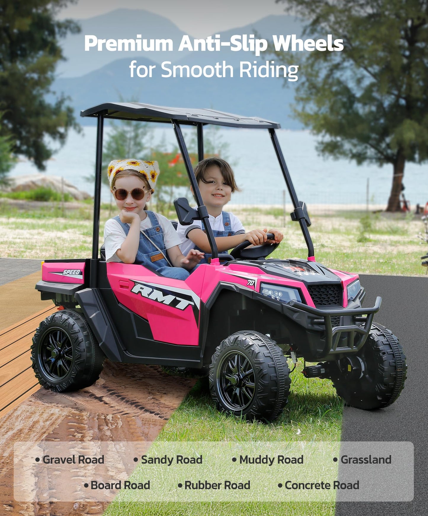 ELEMARA 24V Ride on Toy for Big Kid,Ride on Car 2 Seater w/Sun Shade,Dump Bed & Shovel,4.5MPH,4WD Electric Car for Kids,Battery