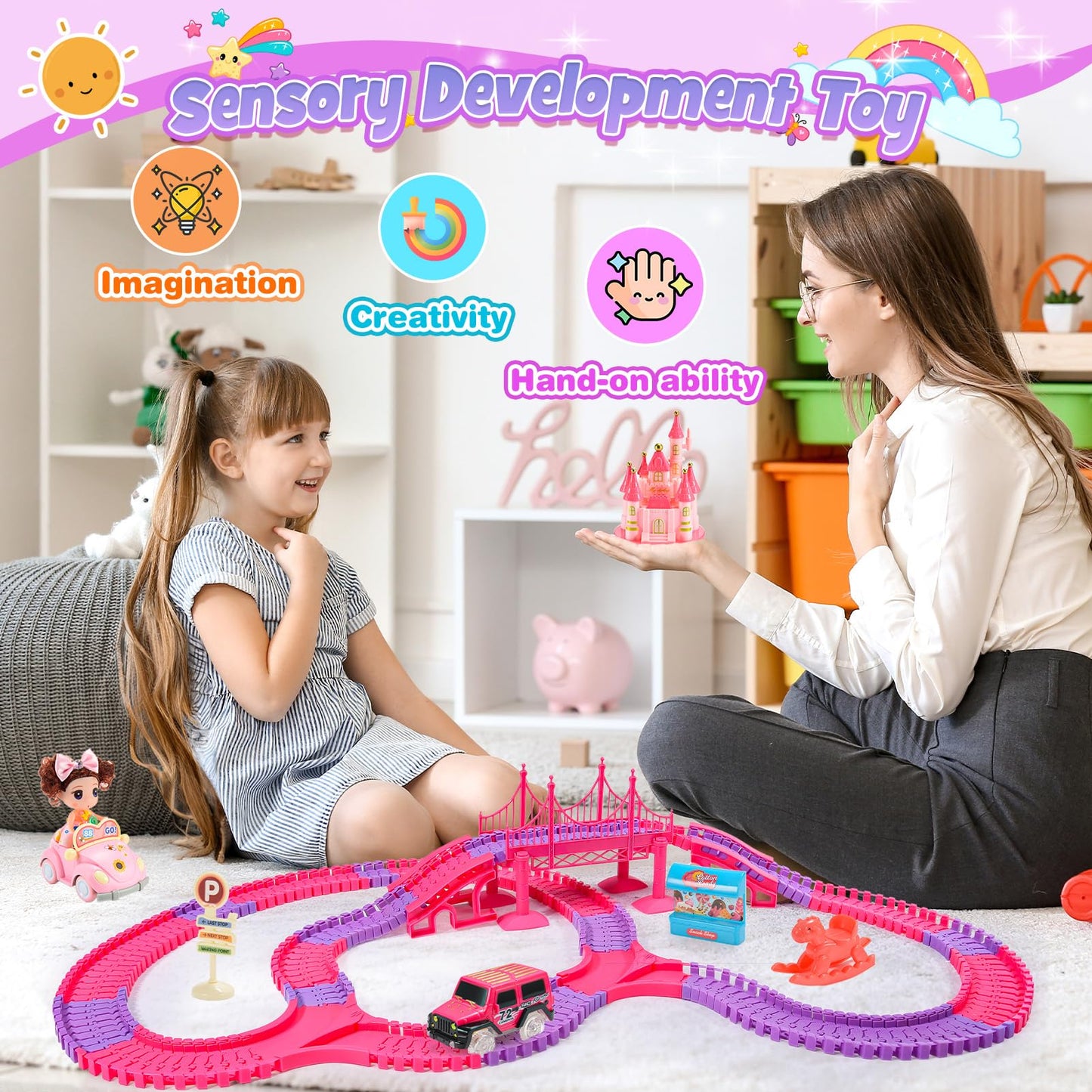 WethCorp Princess Toys: 258pcs Toys for 3 4 5 6 Year Old Girls Kids Car Track Toy Set with Doll Caslte Barbi Car 4 Year Old Girl