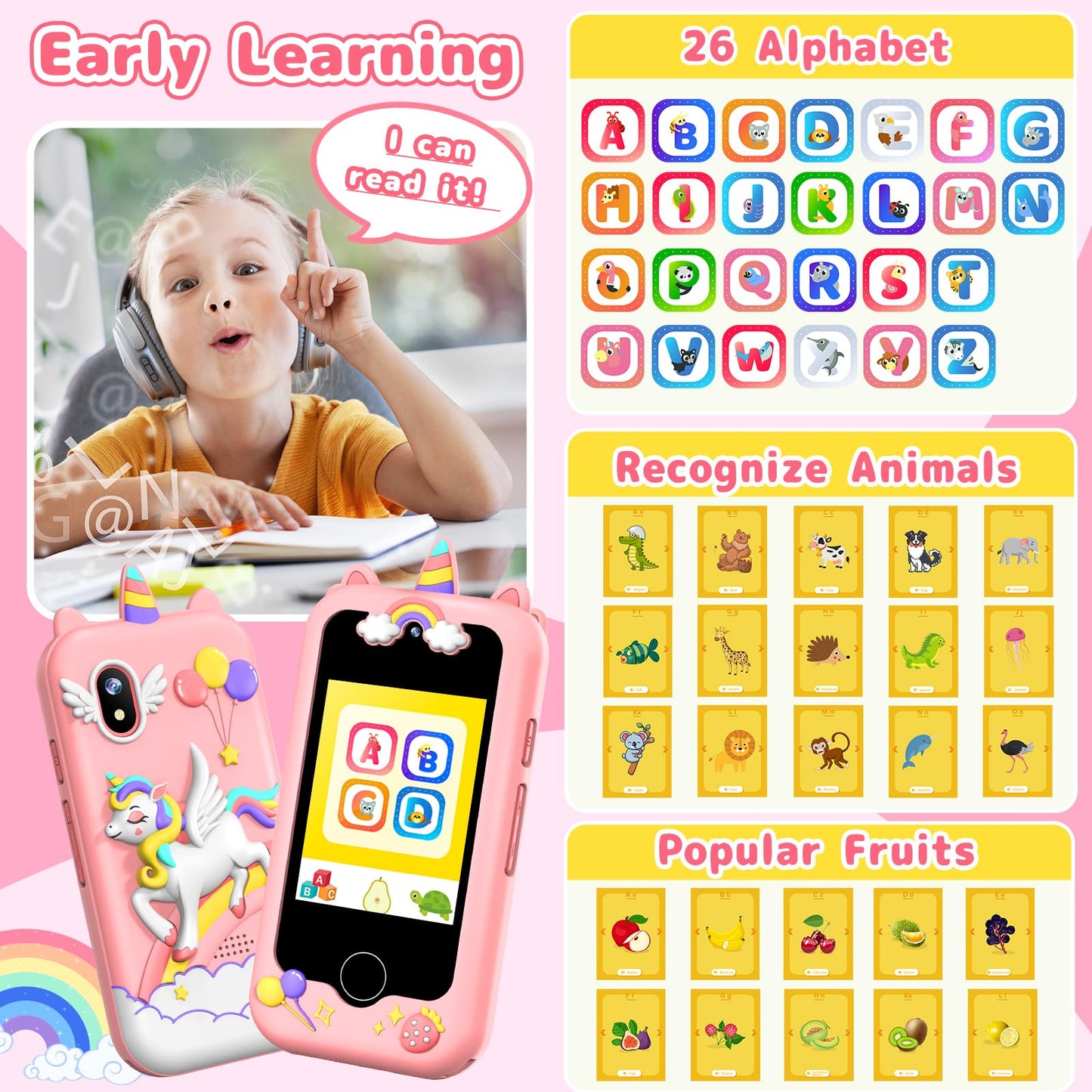 Kids Smart Phone for Girls, Birthday Gifts for Kids Age 3-12, Toddler Smart Phone Learning Educational Toy Pretend Play Phones w