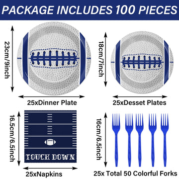 Qyeahkj 25 Guests Cowboys Football Party Plates And Napkins Supplies American Football Team Platters Tableware Set Touch Down Bl