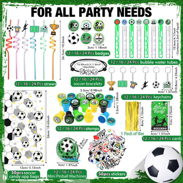 Saypacck 197 Pcs Soccer Party Favors with Ball Bracelets Mini Pinball Mini Bubble Wands Straws Keychains Badges Stickers Stamps