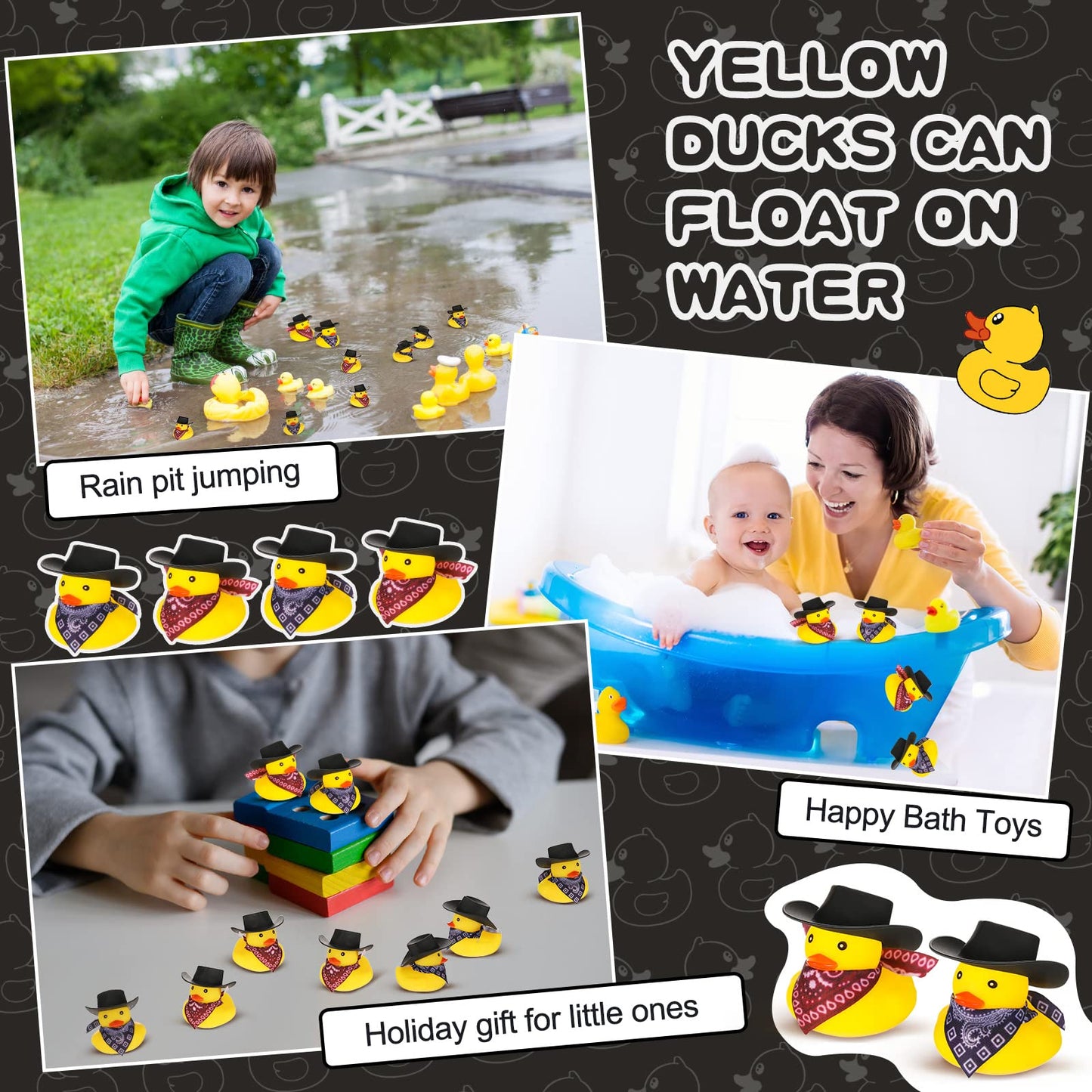Set of 24 Cowboy Rubber Duck with Hat and Scarf Mini Rubber Duckies Bath Party Toys Bathtub Toys Shower Birthday Swimming Party Favor 2 Styles (Black)