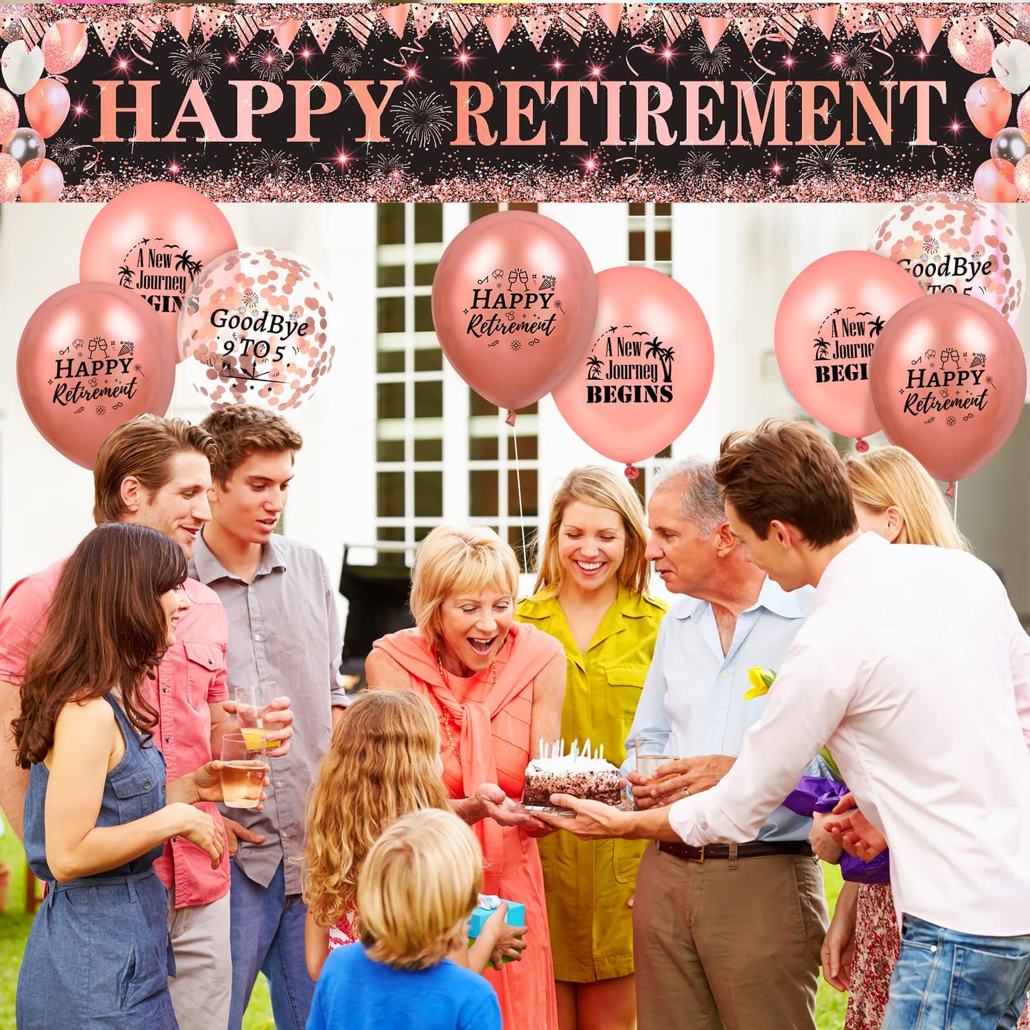Happy Retirement Decorations For Women Large Rose Gold And Black Happy Retirement Banner Yard Sign With 18Pcs Rose Gold Retirement Balloons For Women Men Retirement Farewell Anniversary Party Supplies