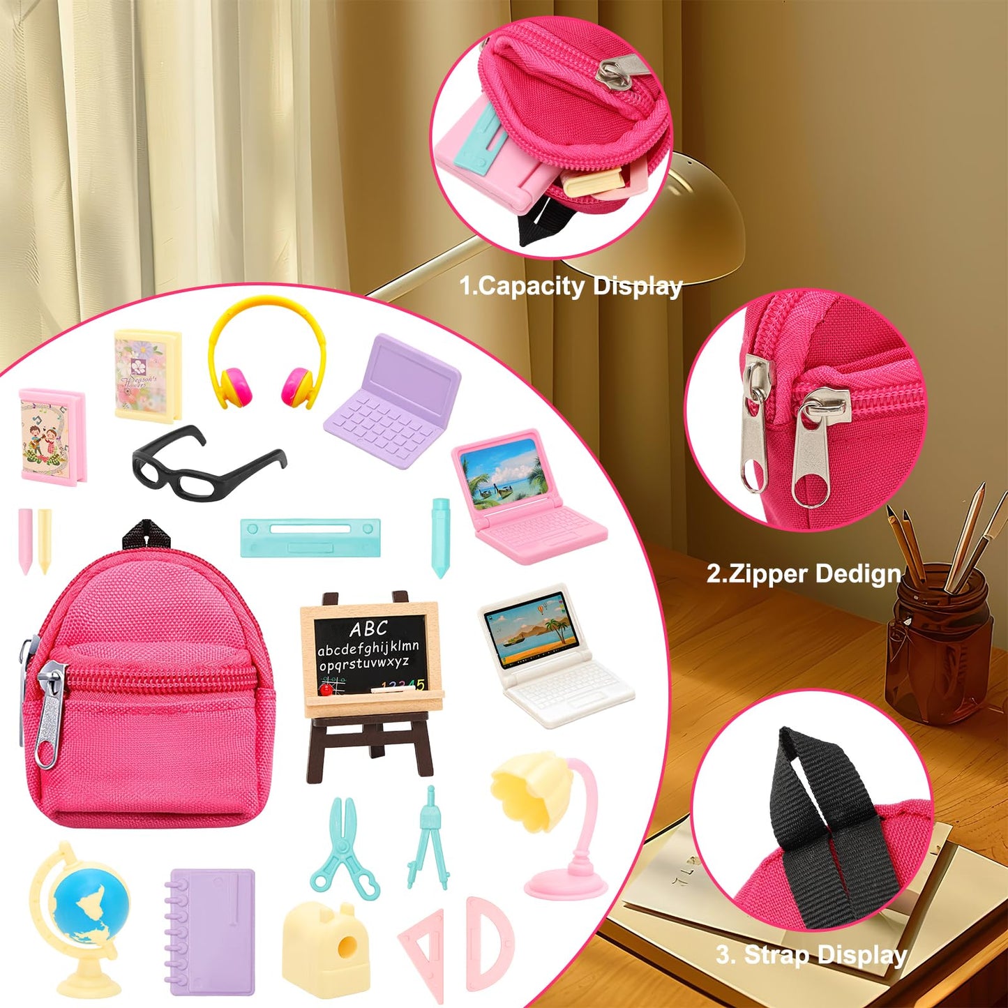 Enocht 27 Pcs 11.5 Inch Doll School Accessories 4 Doll Backpack Bag With Zipper With Computers, Glasses, Blackboard, 7 Pcs Study Accessories 8 Pcs Stationery Sets 2 Headsets For 11.5 Inch Doll