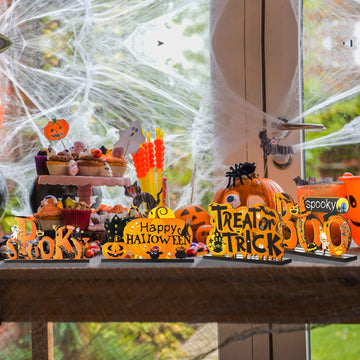 Blulu 4 Pcs Halloween Centerpieces for Tables Happy Indoor Table Decorations Pumpkin Table Centerpieces Wooden Boo Trick or Trea