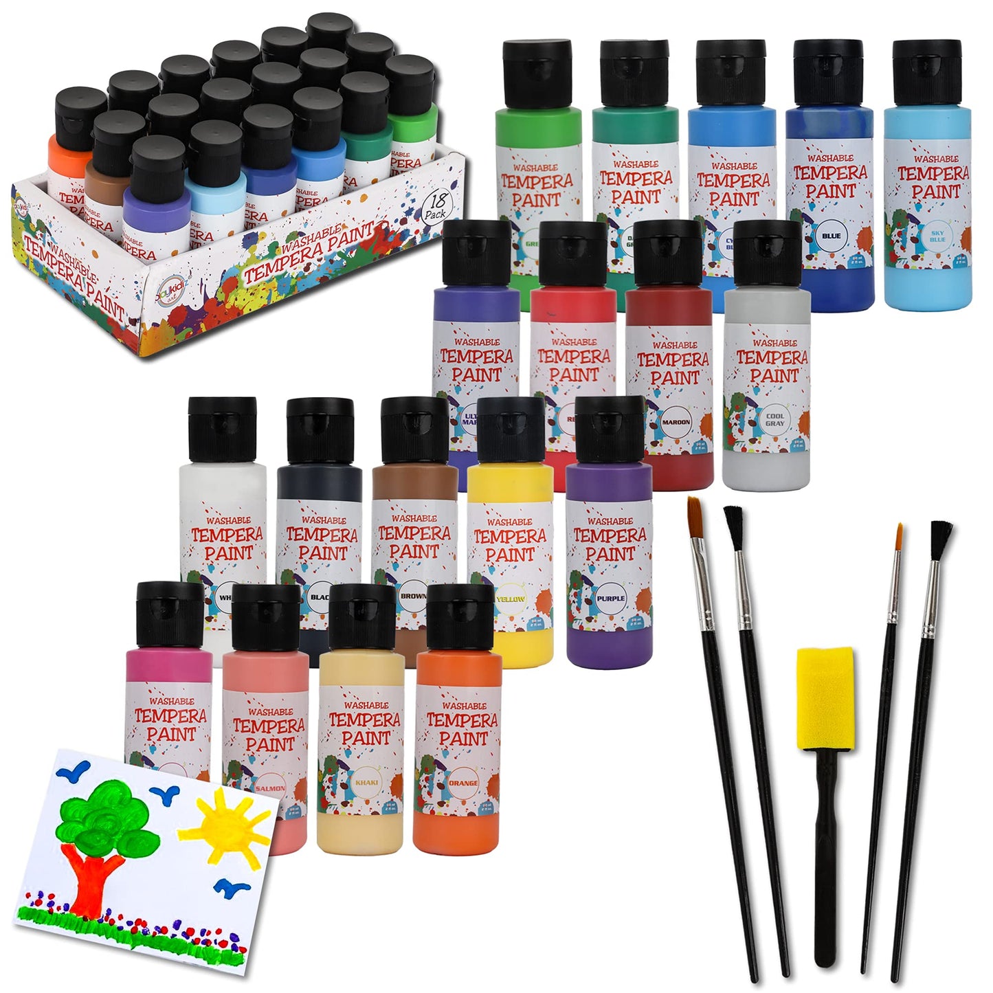 Playkidiz Washable Tempera Paints Set Of 18 For Children, Kids Non-Toxic Acrylic Paint, Kid Friendly, Kid Safe Paint Set, Includes Variety Of Brushes, Color, Craft, Create And Party.