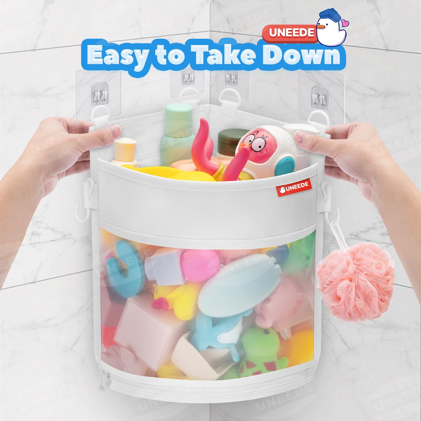 Uneede 3.5 Gallons Corner Mounted Versatile Bath Toy Storage Holder,Bathtub Toy Storage Organizer,Mesh Shower Caddy For Bathtub