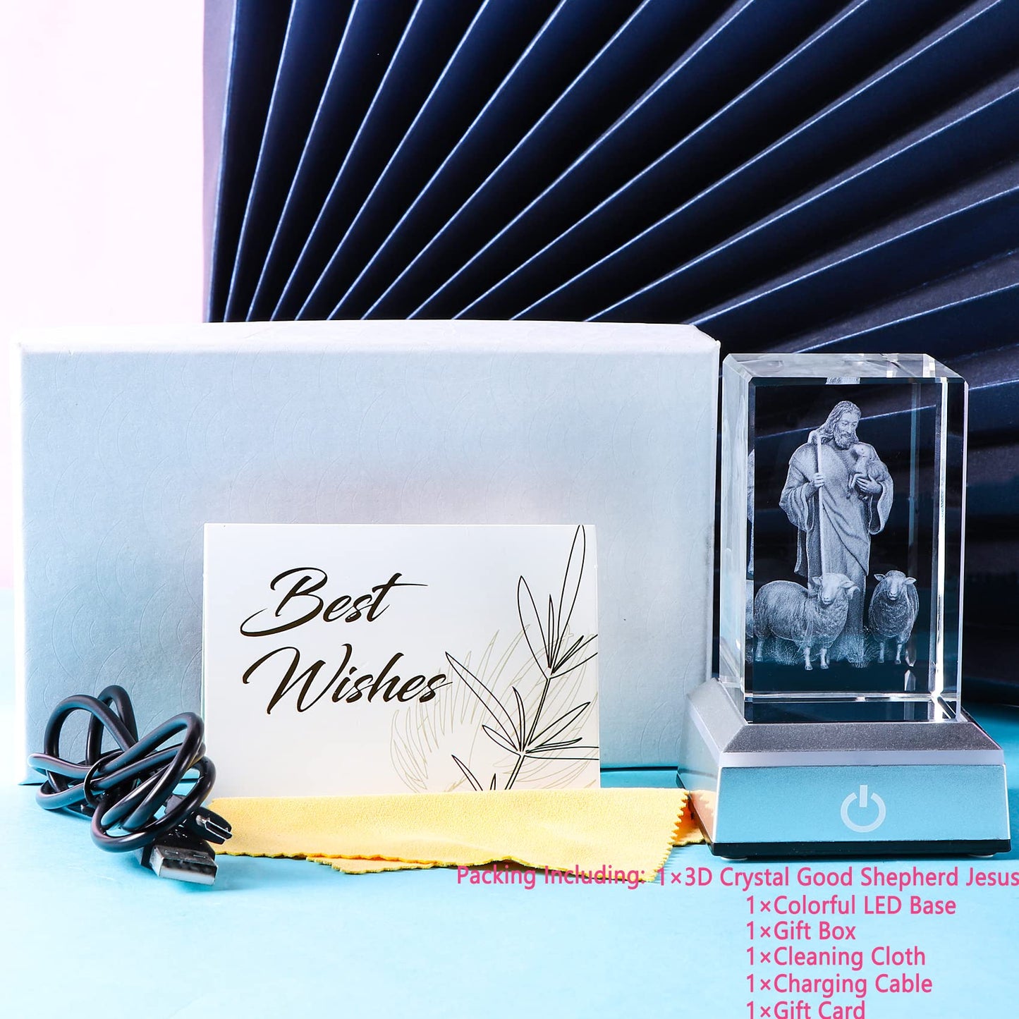 Ywhl 3D Crystal Good Shepherd Statue With Colorful Base Laser Engraved Jesus Figurine For Religious Gifts For Women Men On Chris