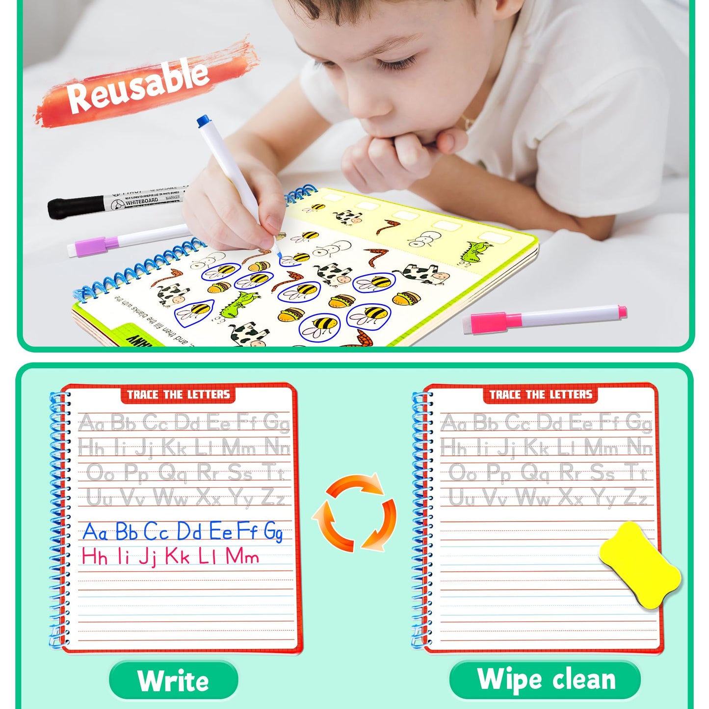Hoqeewipe Preschool Learning Activities - 60 Reusable Cards, Pre-K Kindergarten Workbook, Autism Supplies Montessori Educational