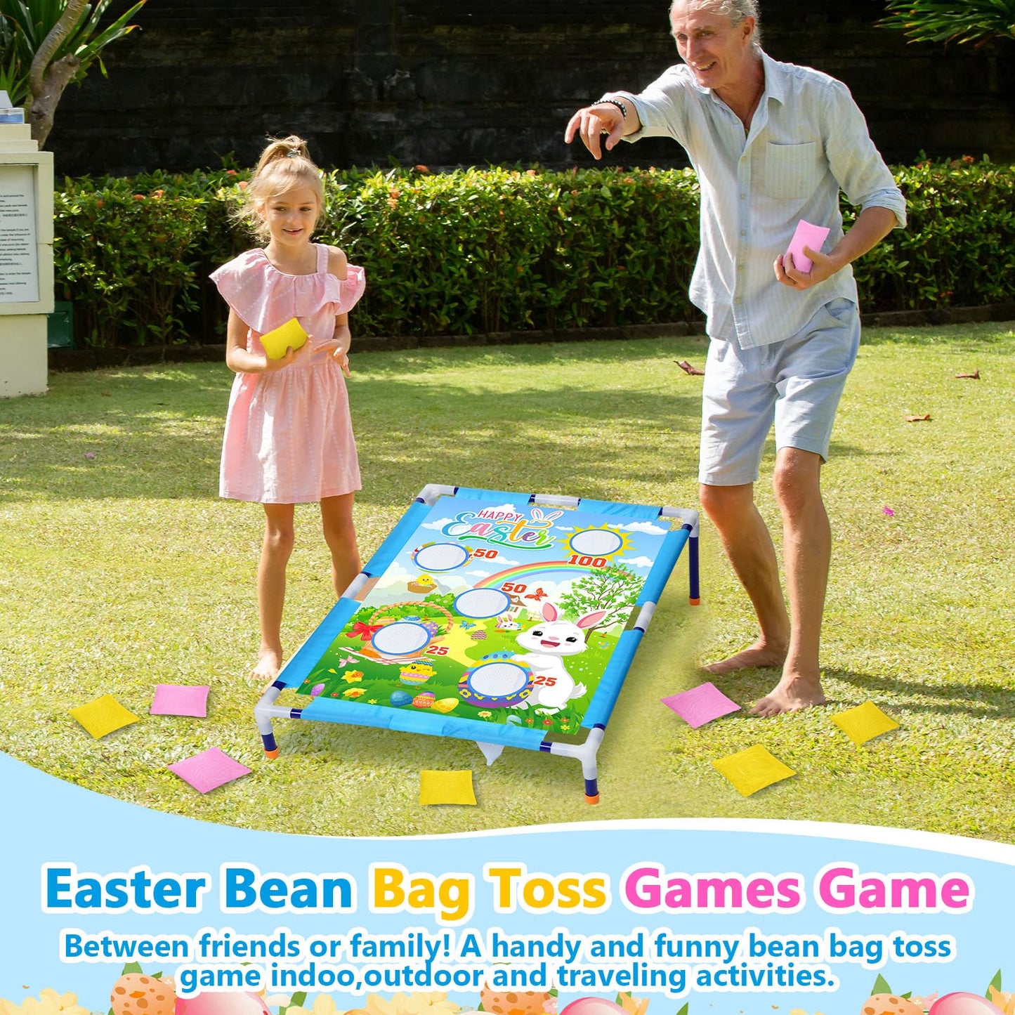 Gemscream Easter Bean Bag Toss Games With 6 Bean Bags Bunny Portable Pvc Framed Cornhole Game Set For Easter Family Holiday Birt