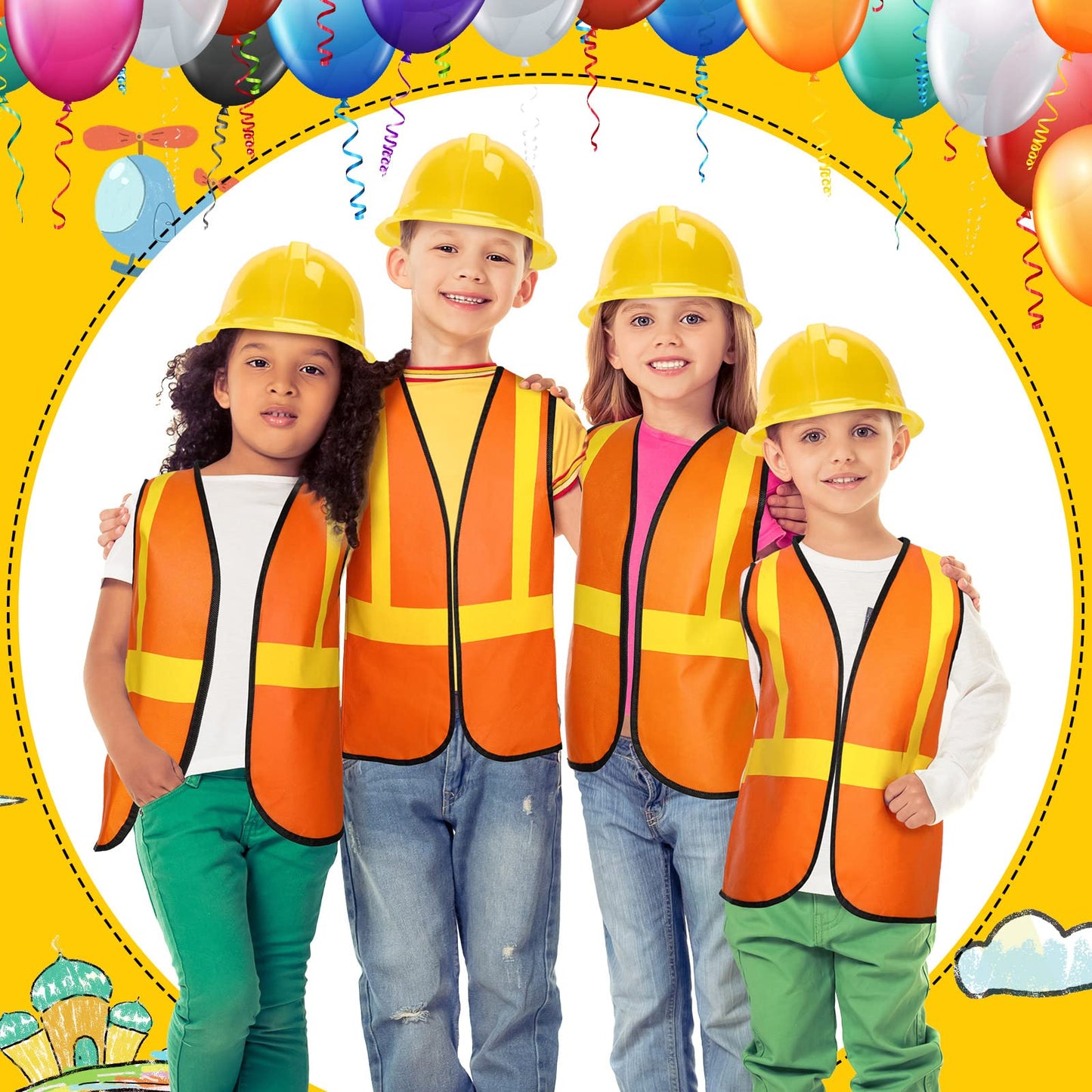 Geyoga 16 Pcs Construction Vest For Kids Party Favors Hard Hat Construction Dressing Up Supplies Construction Funny Worker Costume For Birthday Party, Including 8 Vests And 8 Construction Hats