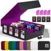 Kabinka Trading Card Storage Box - 2400+ Card Deck Case, Black & Purple, 4-Row with Removable Lid, Includes 4 Toploaders & Dice Bag