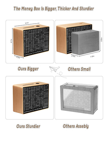 Large Money Saving Box,9.1 X 6.7 X 3.2 Inches,Wood Savings Challenge Box With 10 Targets $200 To $10000,Reusable Cash Savings Bo