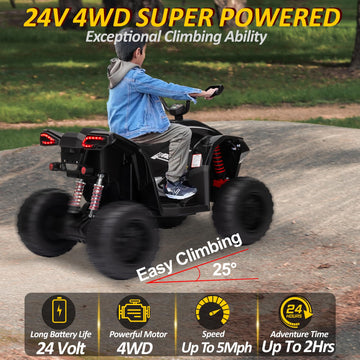 Kids Atv 4 Wheeler, 24V 2 Seater Electric Atv Quad W/4Wd Motor, Protective Gear Set, Bluetooth, Led Lights, Spring Suspension, B