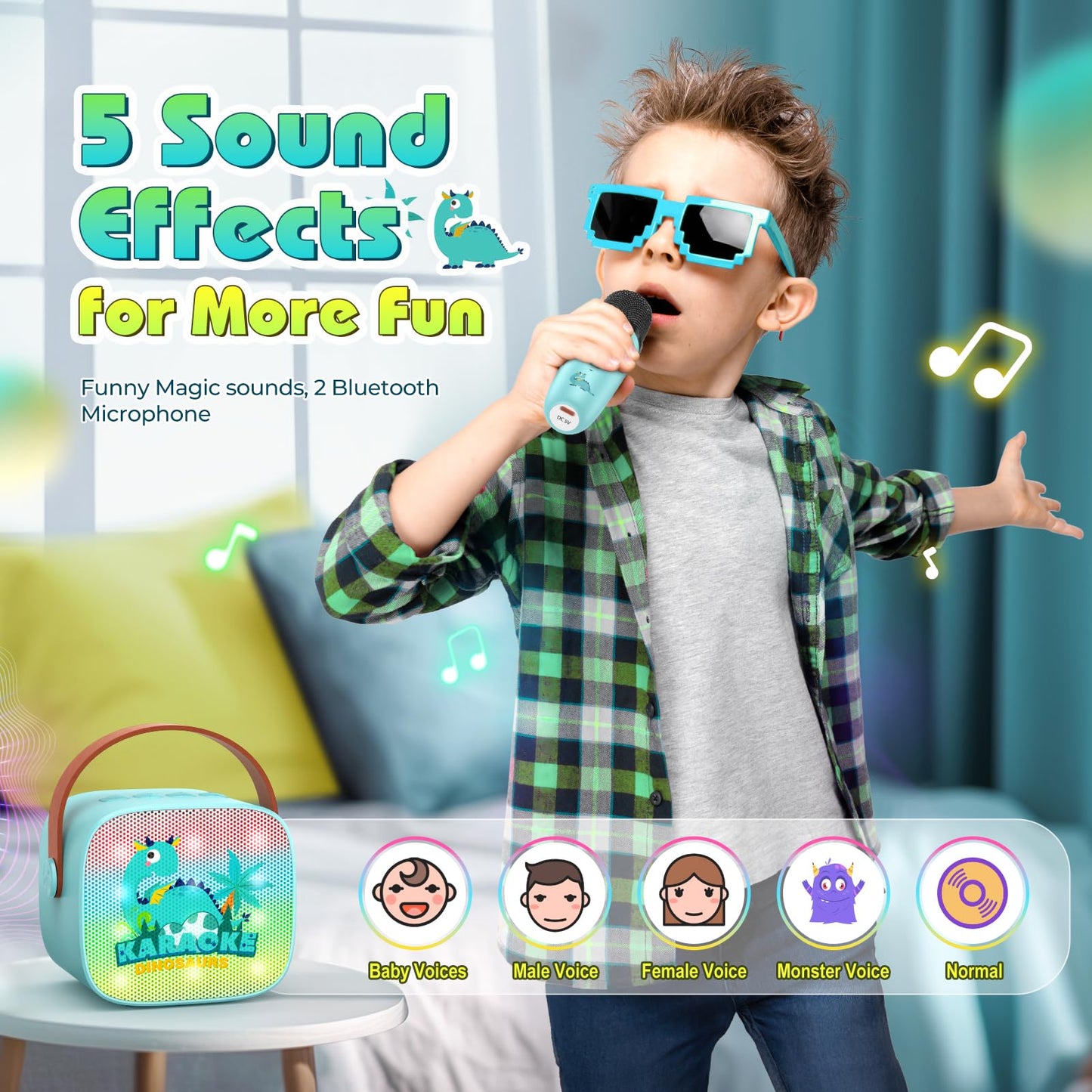 Dinosaur Karaoke Microphone Machine Toys: Colorful Led Portable Bluetooth Speaker With 2 Wireless Mics Boy Toys Christmas Birthday Gifts For 4 5 6 7 8 9 Years Old Girls Boys Kids Ages 5-7 8-12+