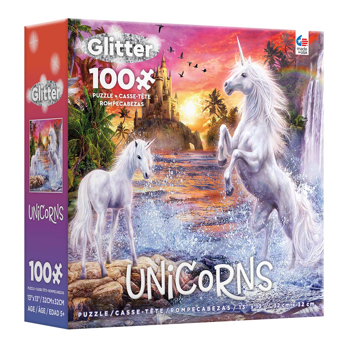 Ceaco - Unicorns Glitter - Unicorn Waterfall Sunset - 100 Piece Jigsaw Puzzle