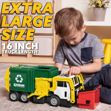 JOYIN Large Friction Powered Garbage Truck Toy Set, Multicolored, 16x8x7 Inch, Includes Dumpster & Trash Bins, Model 50018
