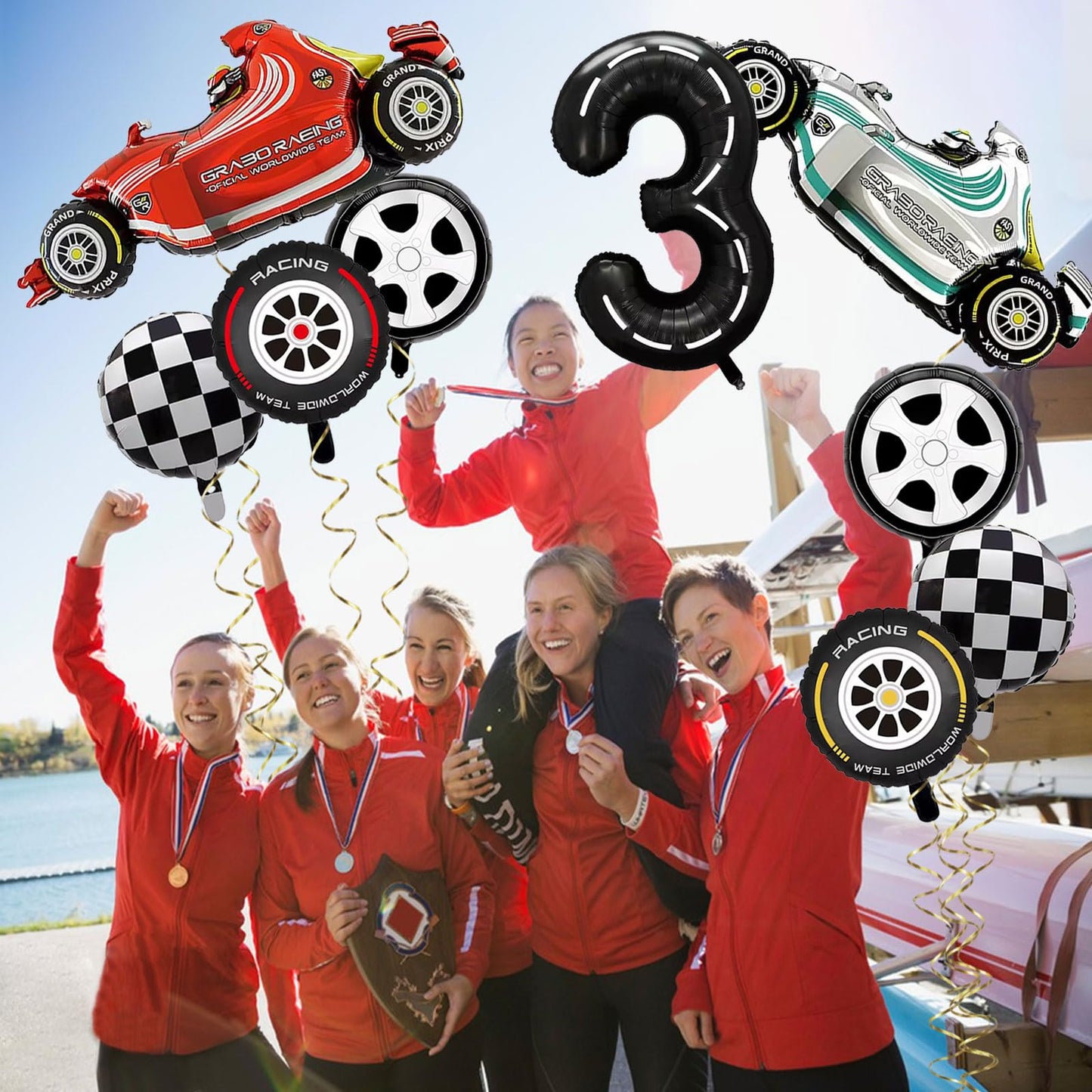 Number 3 Race Car Balloons, 43 Inch Race Car Party Decorations, Wheel Tire Balloons, Black And White Checkered Foil Balloons, Ca