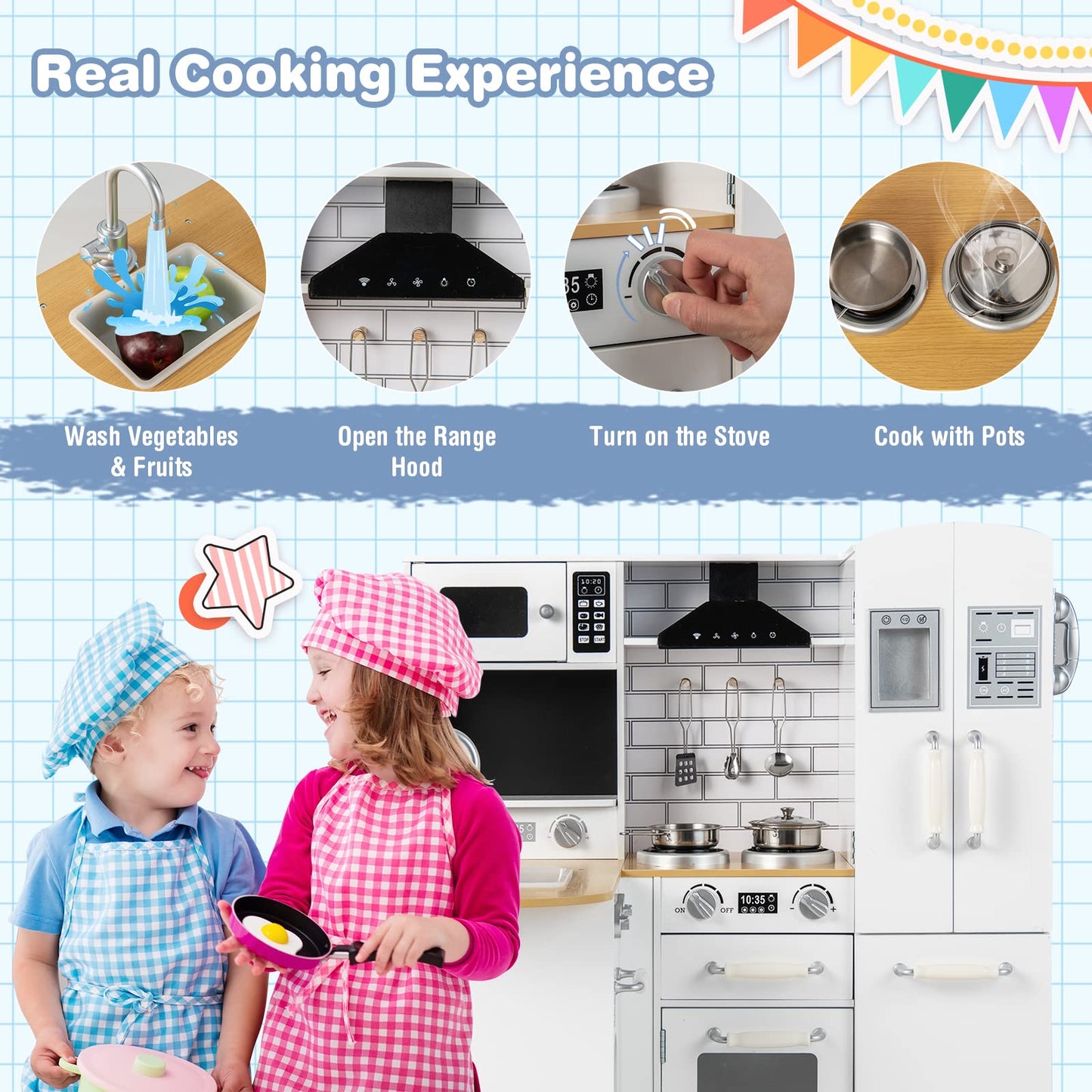 Costzon Corner Kids Kitchen Playset, 11-in-1 Wooden Toy Kitchen Set with Realistic Washing Machine, Microwave, Oven, Stove, Refr
