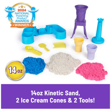 Kinetic Sand, Soft Serve Station with 14oz of Play Sand (Blue, Pink and White), 2 Ice Cream Cones and 2 Tools, Sensory Toys for
