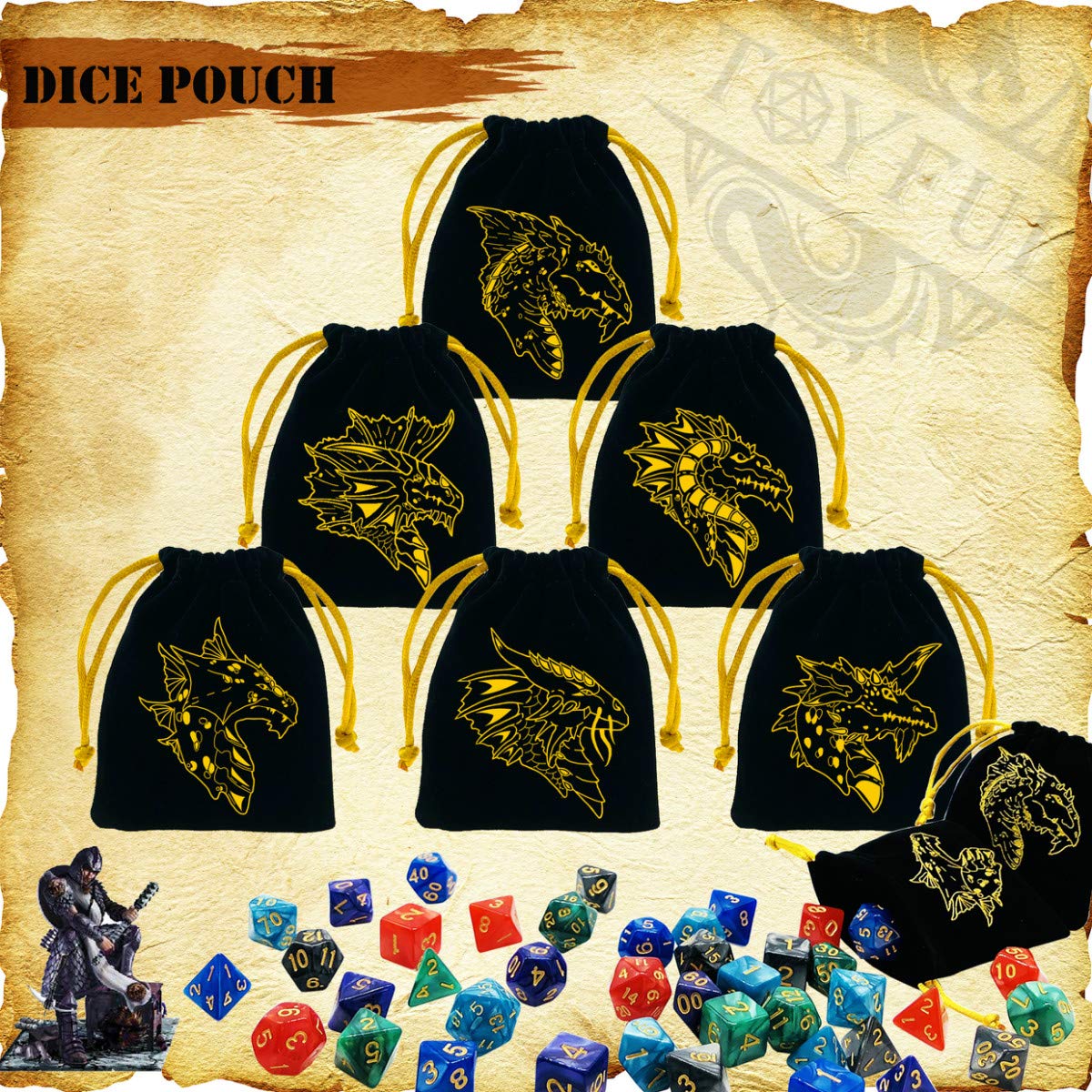 TOYFUL 6 Sets DND Dice Polyhedral Dungeons and Dragons DND RPG MTG Table Game Dice Bulk with Free Six Drawstring Bags and D&D Di