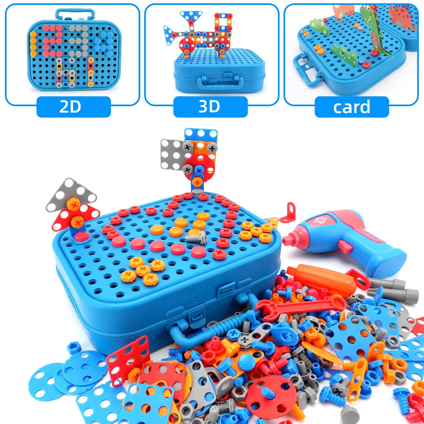 Fiveisix 298Pcs Dinosaur Toy Magic Montessori Play Toolbox for Kids, 2D/3D Creativity Tool Box with Drill, Design and Drill Mont