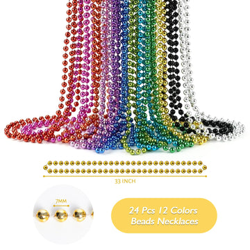 SHAOQINLIN 24 Pcs Mardi Gras Beads Necklaces, 12 Colors 33 Inch 7 mm Metallic Bead Necklaces Bulk Party Beads Necklace Round Bea