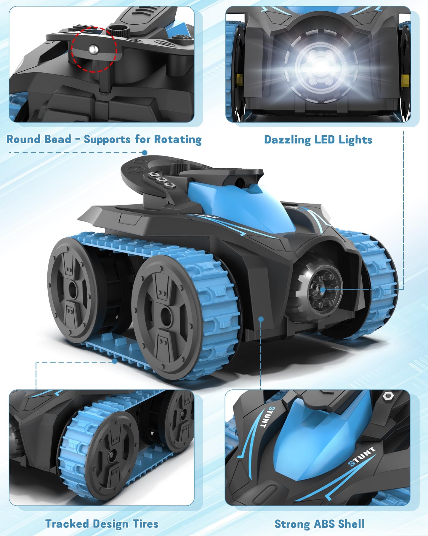 Eulogia RC Tracked Car, Remote Control Stunt Car, 360-degree Upright Rotating, RC Crawler Driving with LED Lights, 4WD All Terra