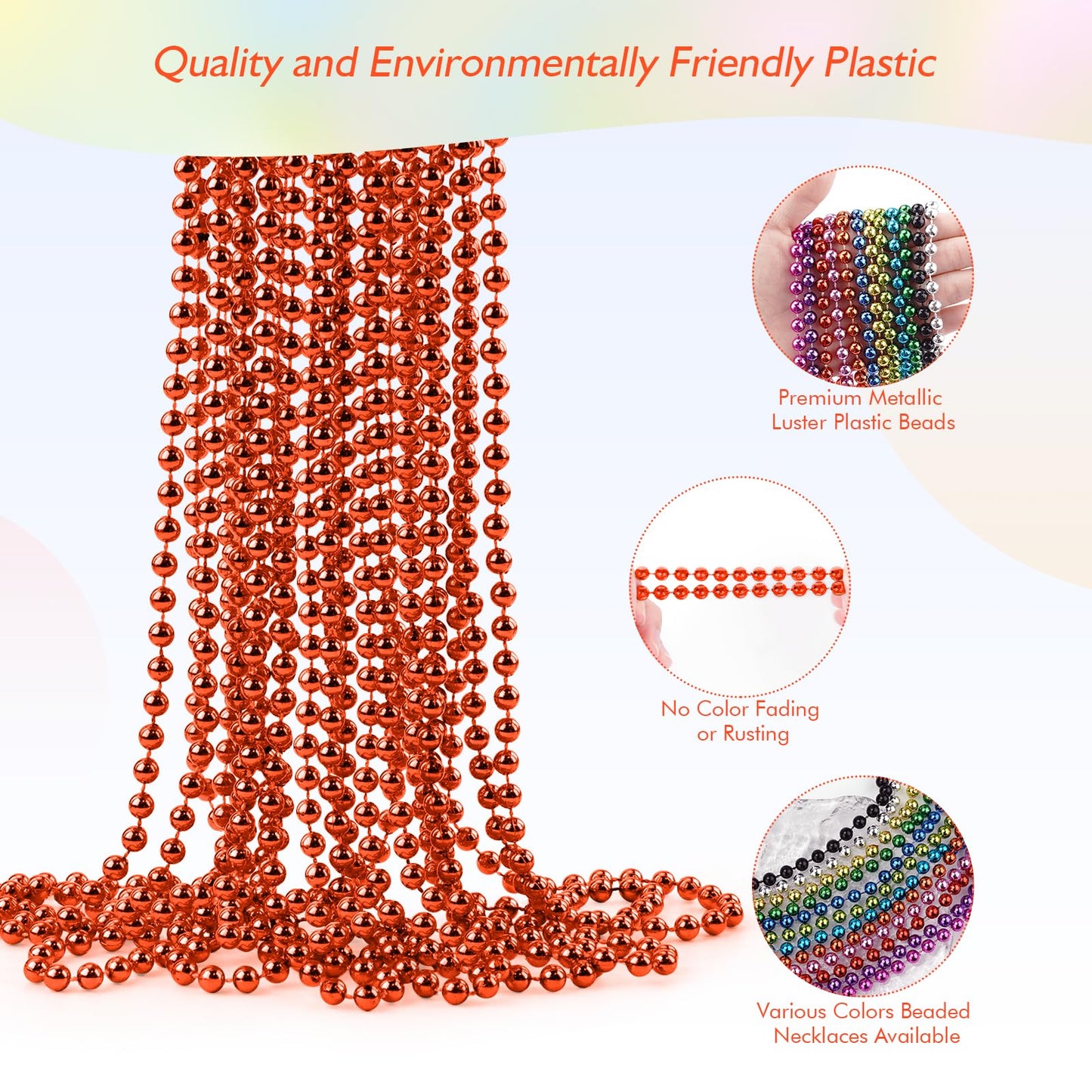 ZZYFGH 33'' 7mm Metallic Orange Bead Necklace Bulk, Mardi Gras Round Beaded Necklaces for Party Favors Costume Necklace (12 Pcs)