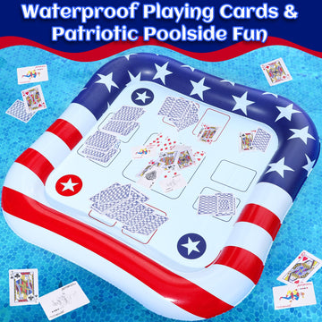 2 in 1 Patriotic Inflatable Ice Serving Trays Cooler & mature-themed Pool Game Table Include Waterproof Playing Cards for 4th of July Party Large Floating Game Table Food Drink Holder Cooler Pool Accessories
