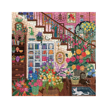 Flower Plant Puzzles 1000 Piece For Adults, Colorful Aesthetic Floral Art Jigsaw Puzzles, Cute Pretty Housepant Succulent Teacup Cat Puzzle