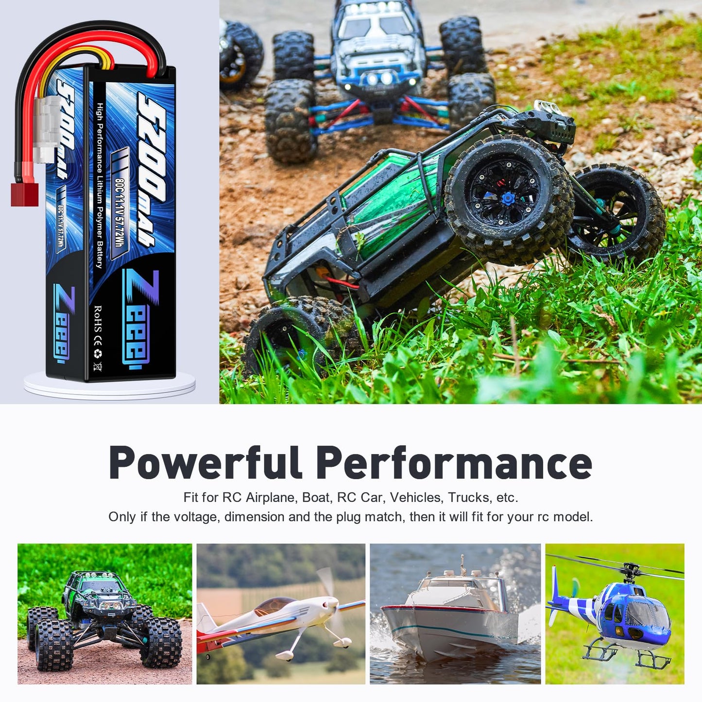 Zeee 3S 5200Mah Lipo Battery 11.1V 80C Hardcase Battery With T Connector For Rc Car Boat Truck Helicopter Airplane Racing Models