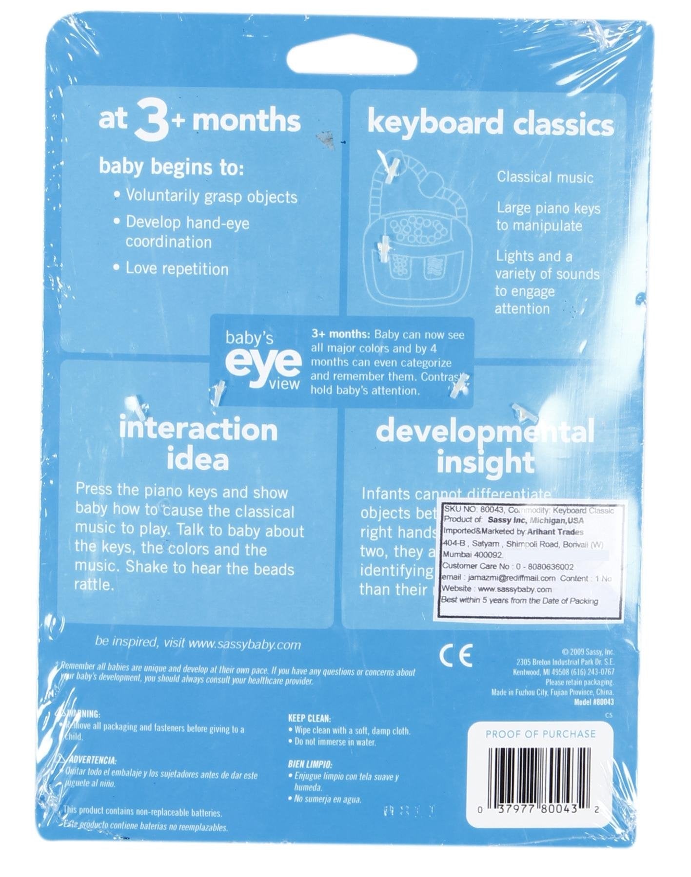 Sassy Keyboard Classics Developmental Toy - 3+ Months Baby-Sized Piano With A Handle For Music On The Go- Batteries Included