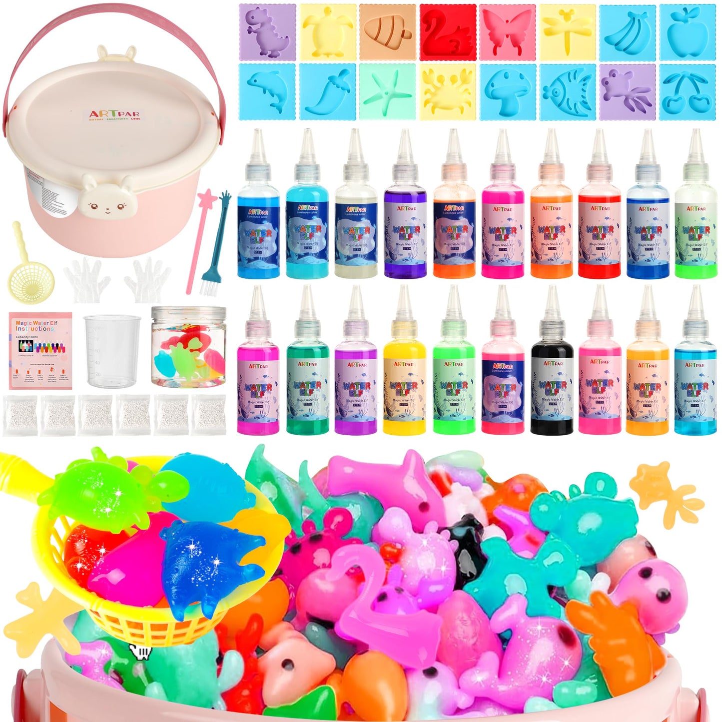ARTPAR Water Elf Magic Gel Kit - 20 Colorful Gels + 16 Fantasy Molds - Non-Toxic Sensory Toys for Kids - Creative Arts & Crafts