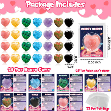 Arfun Valentines Day Gifts for Kids Classroom, 28 Pack Valentines Cards Goodie Bags with Heart Stones, Valentine Exchange Party